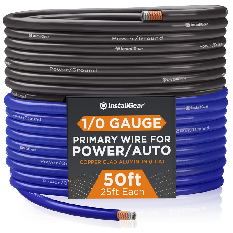 InstallGear 1/0 Gauge Wire (50ft) Copper Clad Aluminum CAA - Primary Automotive Wire, Car Amplifier Power, Ground & Battery Cable, Car Audio Speaker Stereo, RV Trailer Wiring Welding Cable 1/0ga - Image 1